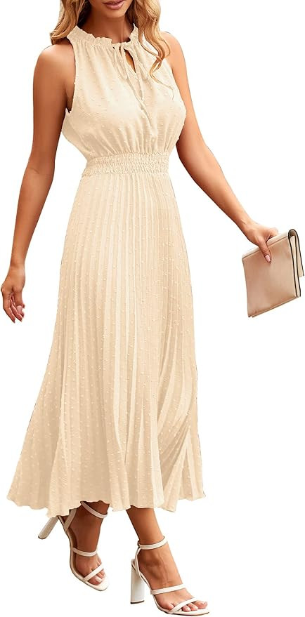 PRETTYGARDEN Women's Midi Summer Dresses Casual V Neck Swiss Dot Ruffle Sleeveless A Line Beach S... | Amazon (US)