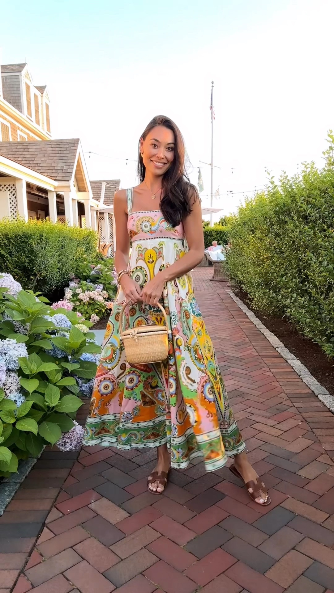 Nantucket outfit, summer fashion, Kat Jamieson style, Alemais dress, Nantucket basket bag, Hermes sandals, vacation outfit. 

#LTKParties #LTKItBag #LTKSeasonal