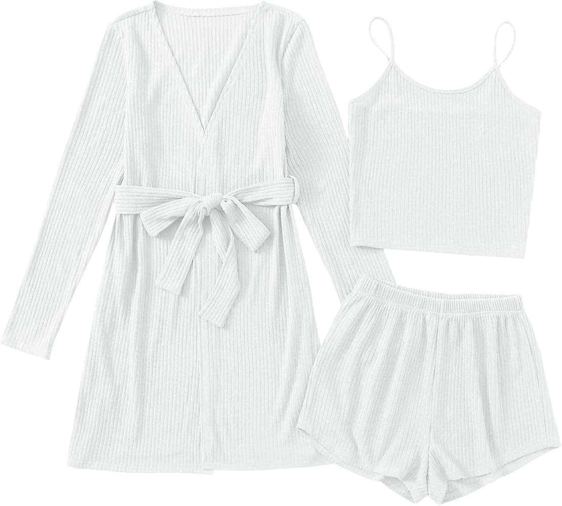 Verdusa Women's 3 Piece Cami Top & Shorts Lounge Sleepwear Pajama Set with Robe | Amazon (US)