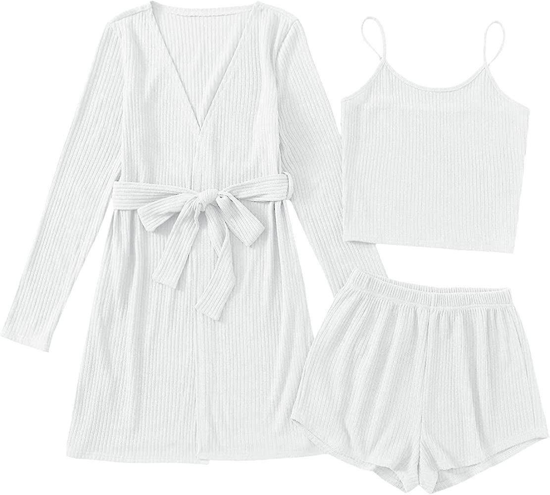 Verdusa Women's 3 Piece Cami Top & Shorts Lounge Sleepwear Pajama Set with Robe | Amazon (US)