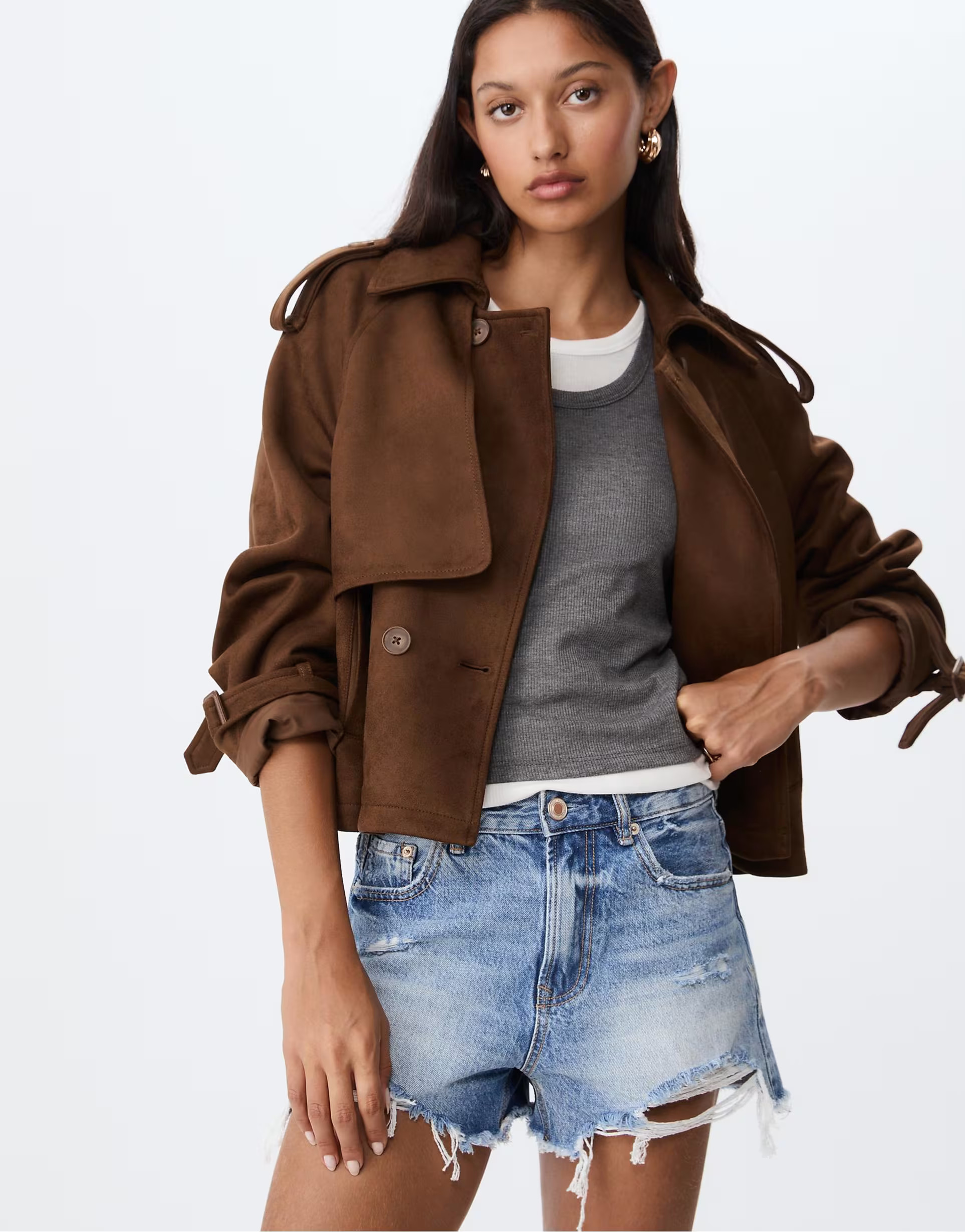 Stradivarius Short faux suede trench coat in brown | ASOS (Global)