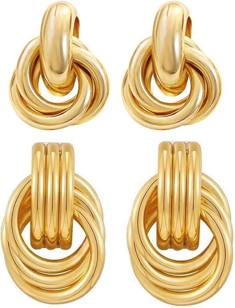 2 Pairs Gold Knot Earrings Chunky Statement Earrings Geometric Drop Dangle Earrings Long Twisted ... | Amazon (US)