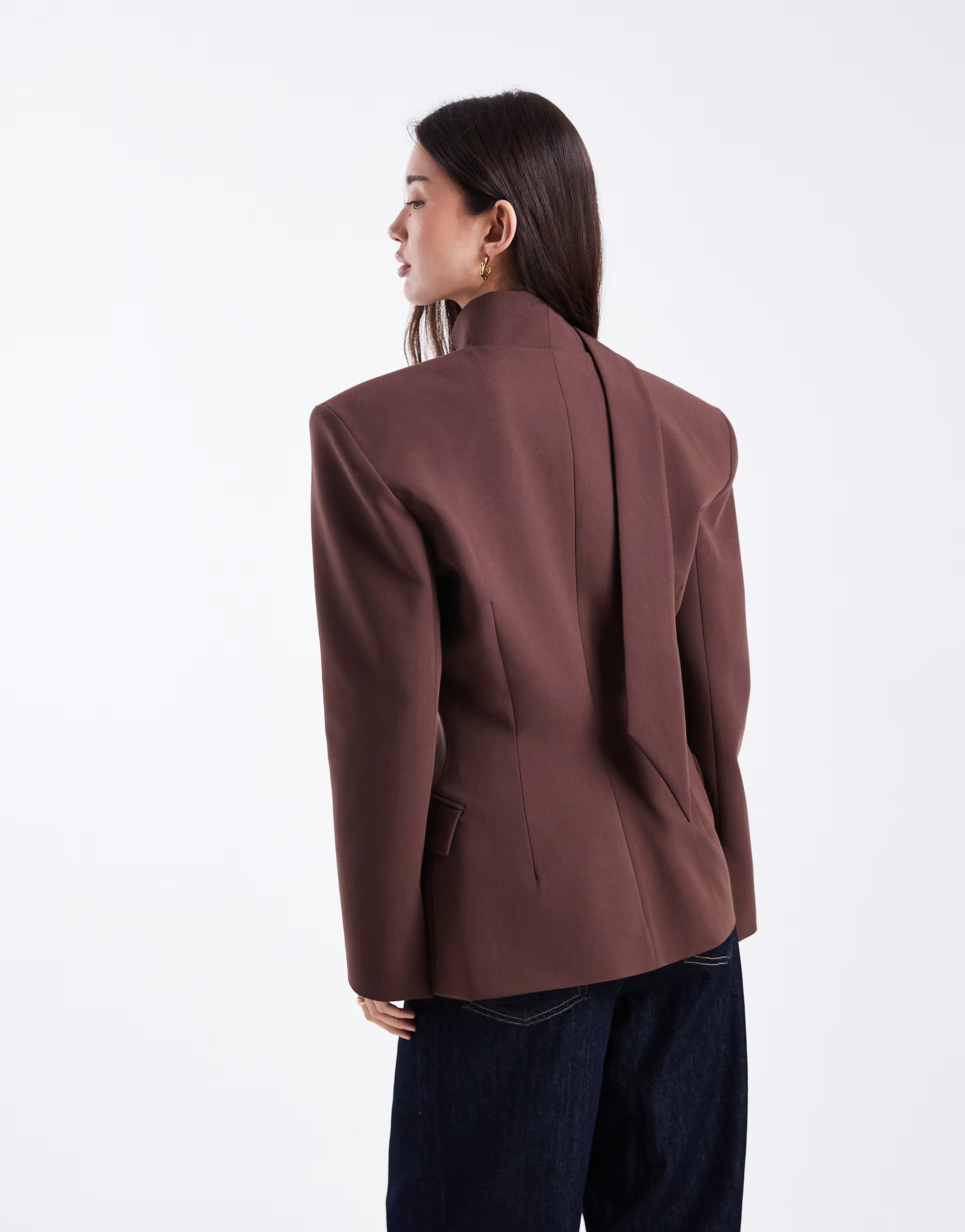 ASOS DESIGN cinch shoulder pad blazer with scarf in chocolate brown | ASOS (Global)