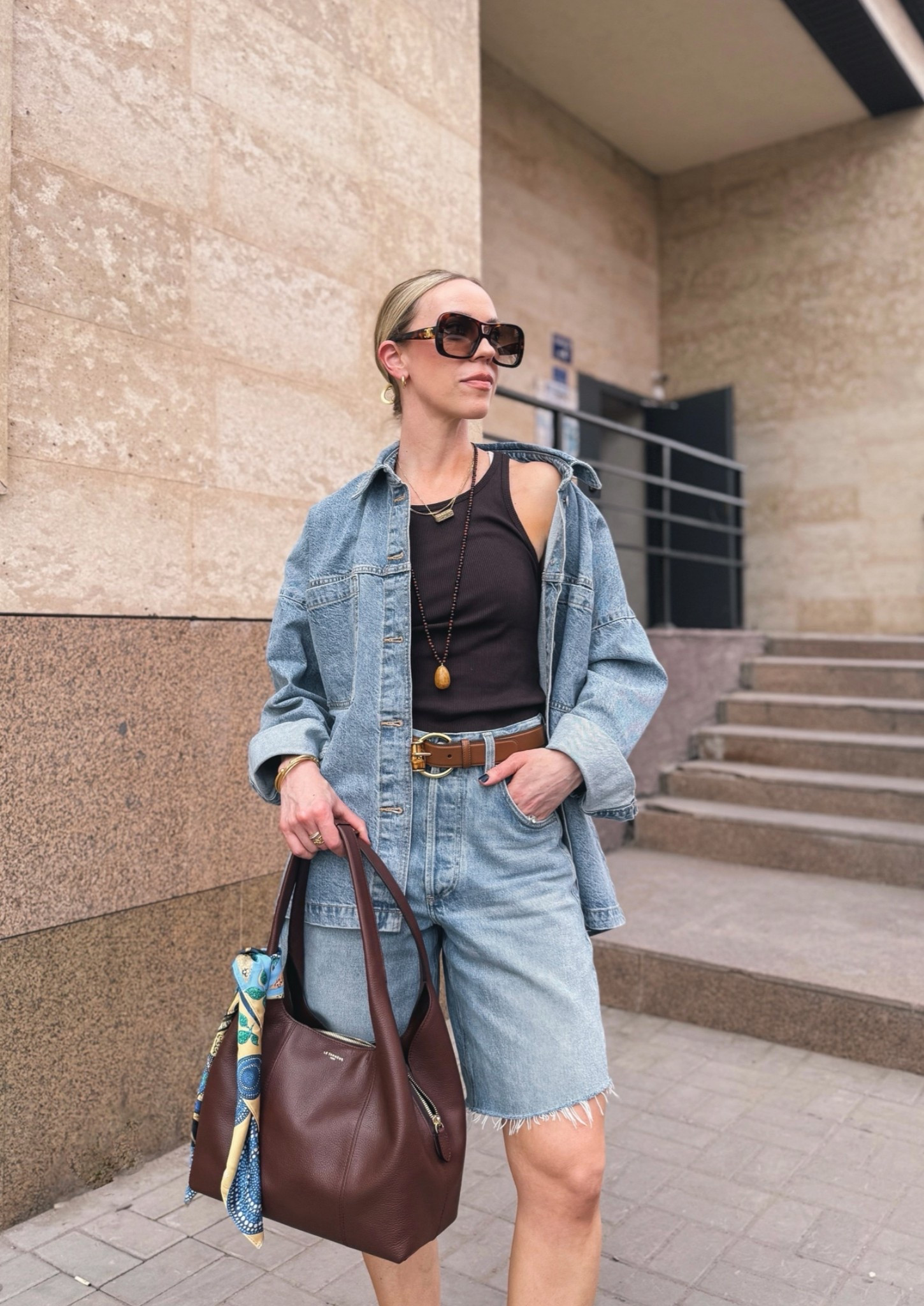 All denim outfit, denim shirt, chocolate brown tank, denim bermuda shorts, Le Tanneur dark brown leather bag