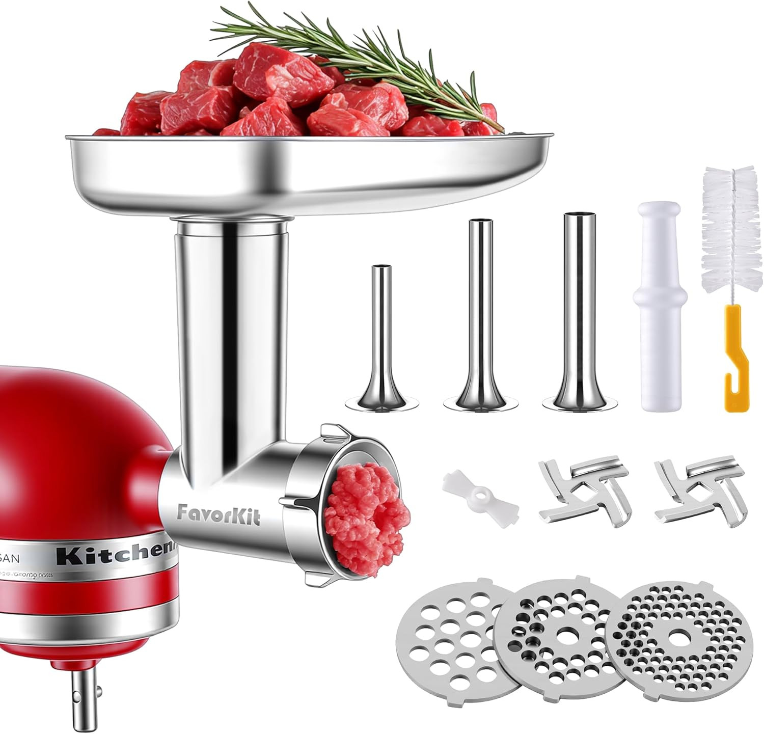 FavorKit Stainless Steel Food Grinder Attachment for KitchenAid Mixers, Dishwasher Safe Meat Processor Aceesory Included 3 Sausage Stuffer Tubes | Amazon (US)