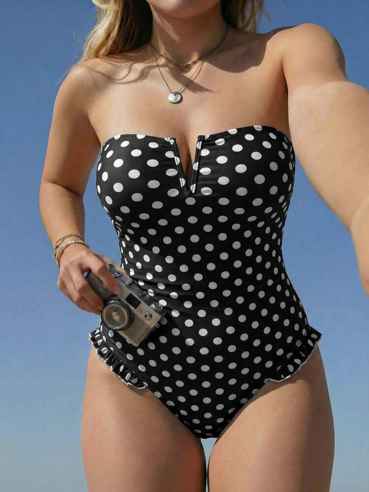 Swim Vcay 2026 New Spring/Summer Plus Size One-Piece Polka Dot Random Print Detachable Strap V-Neck Ruffle Decor Jumpsuit Swimsuit, Suitable For Beach Vacation | SHEIN