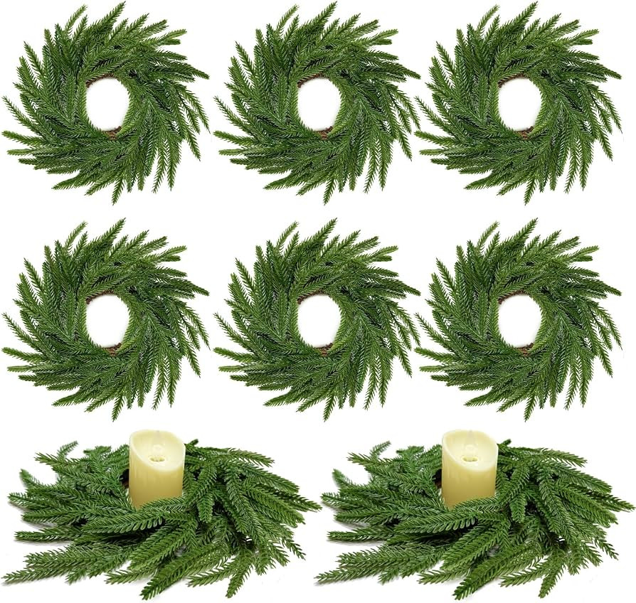13.5 Inch Norfolk Pine Wreath Candle Rings, 6 Pcs Realistic Soft and Full Mini Christmas Wreath T... | Amazon (US)