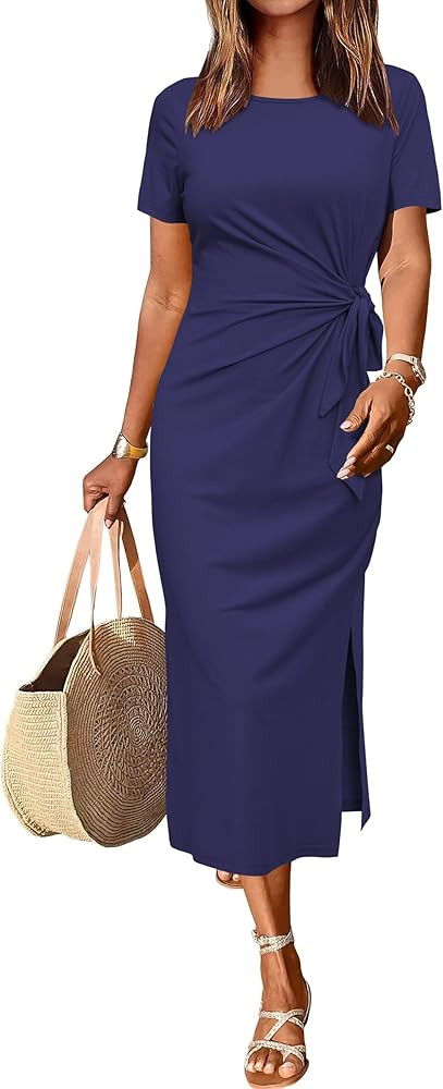 Newshows Women 2025 Summer Casual Dress Tie Waist T Shirt Short Sleeve Spring Crew Neck Slit Maxi... | Amazon (US)