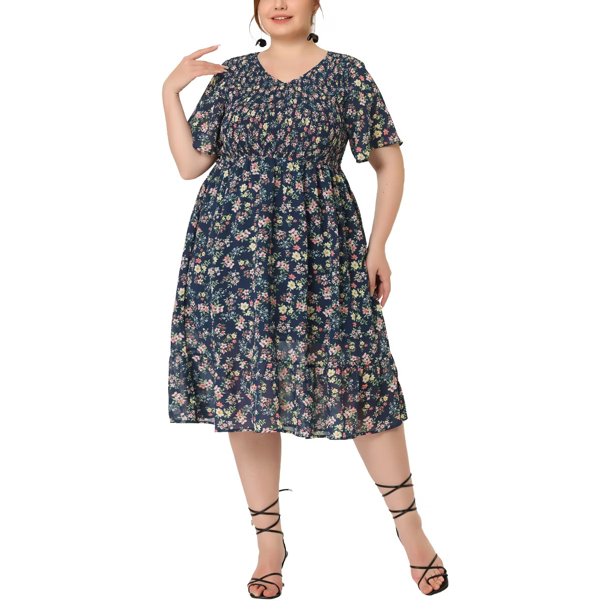 Agnes Orinda Women's Plus Size Outfits Smocked Chiffon Elegant Floral Flare Midi Shirtdress | Target