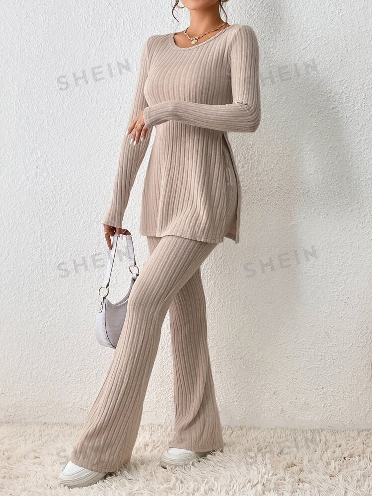 SHEIN Essnce Split Hem Tee & Flare Leg Pants | SHEIN | SHEIN