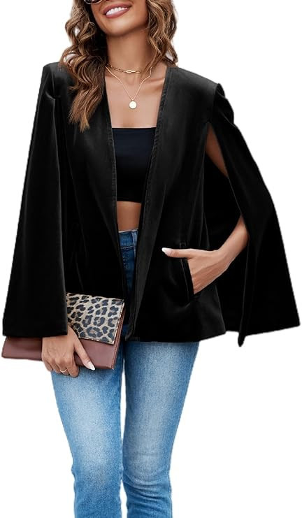 Cicy Bell Women's Velvet Cape Blazer Jackets Casual Split Long Sleeve Open Front Coat | Amazon (US)