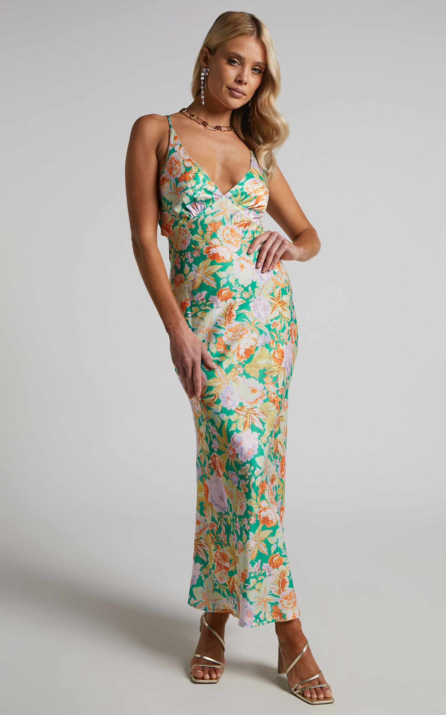 Charlette V Neck Floral Sain Midi Dress in GREEN FLORAL | Showpo (US, UK & Europe)