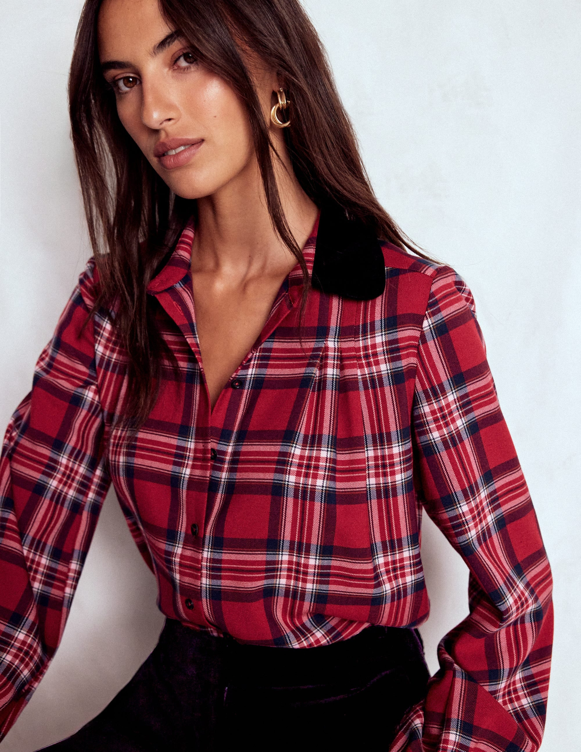 Velvet Collared Check Shirt-Red Check | Boden UK
