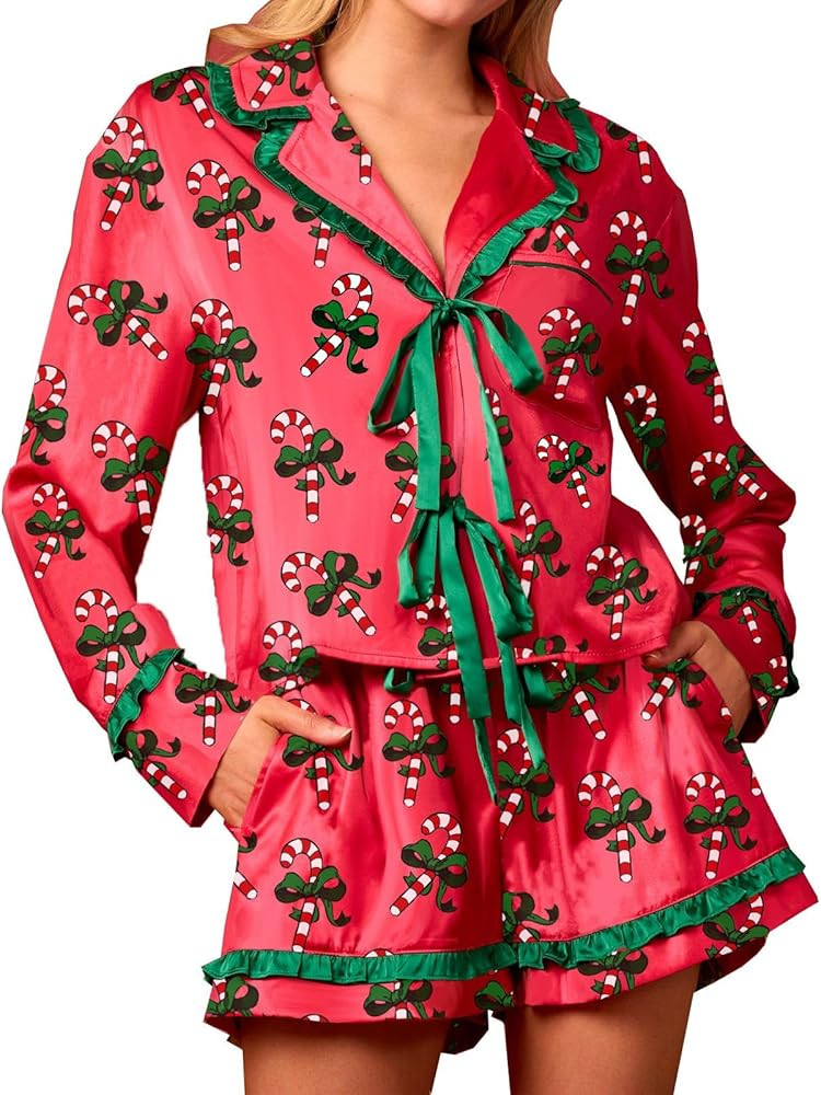 Silk Christmas Bow Pajamas for Women Cute Xmas Satin 2 Piece Santa Bow Tie Pjs Long Sleeve Shirt ... | Amazon (US)