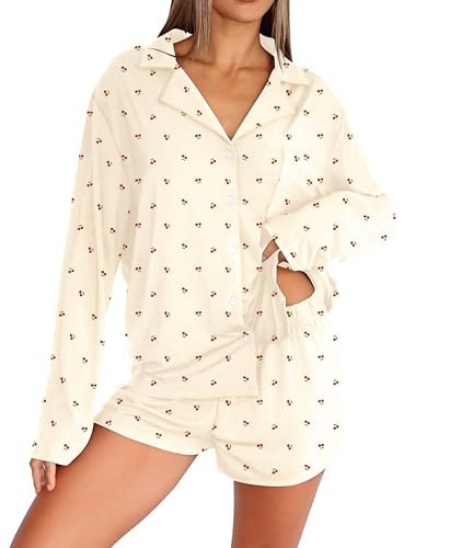 Dressmine Two Piece Pj Sets for Women Pajamas Sets Shorts Cute Pjs Pattern Long Sleeve Button Down Lounge Sleepwear Apricot S | Amazon (US)