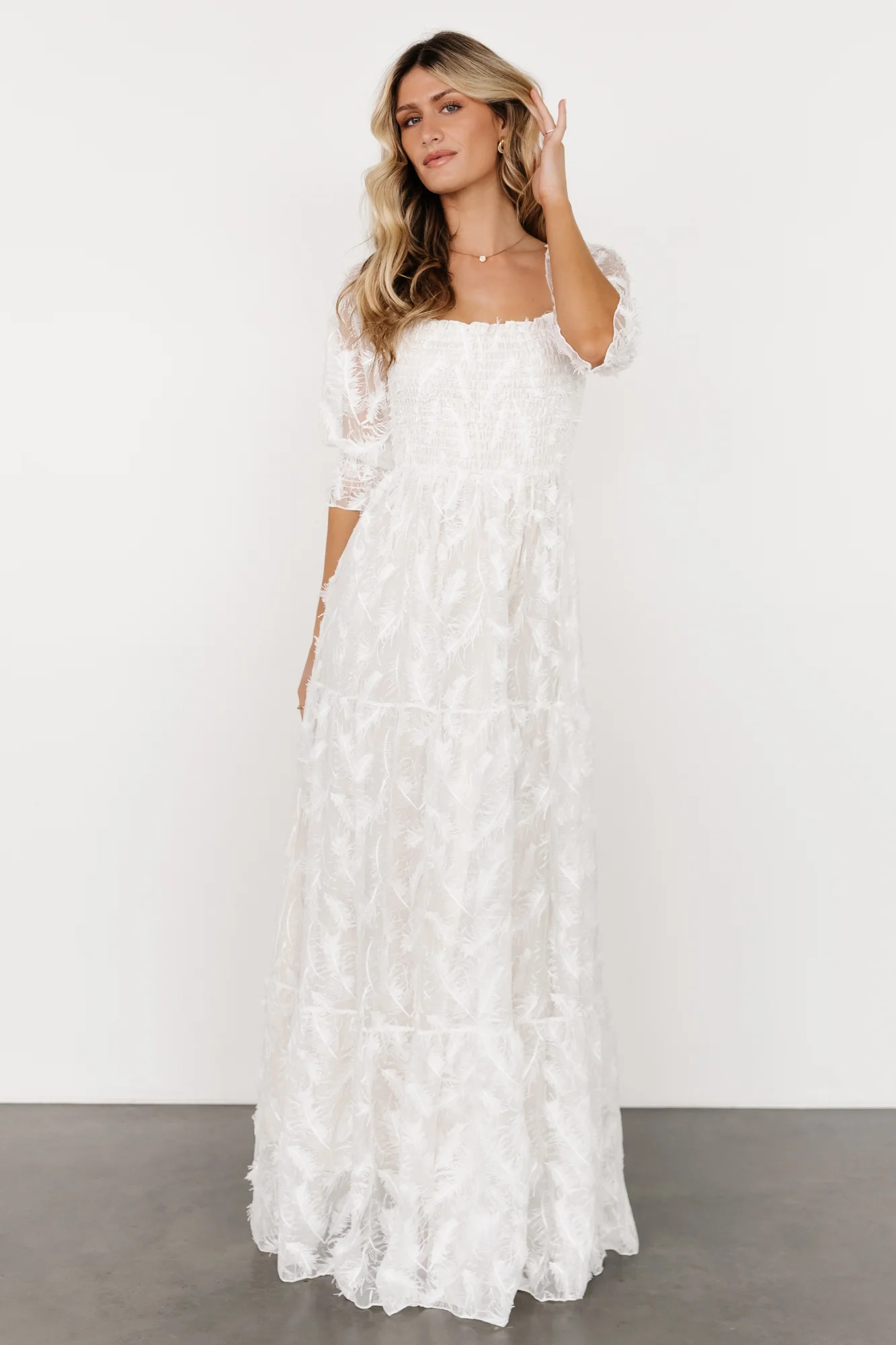Paloma Smocked Feather Maxi Dress | Off White | Baltic Born