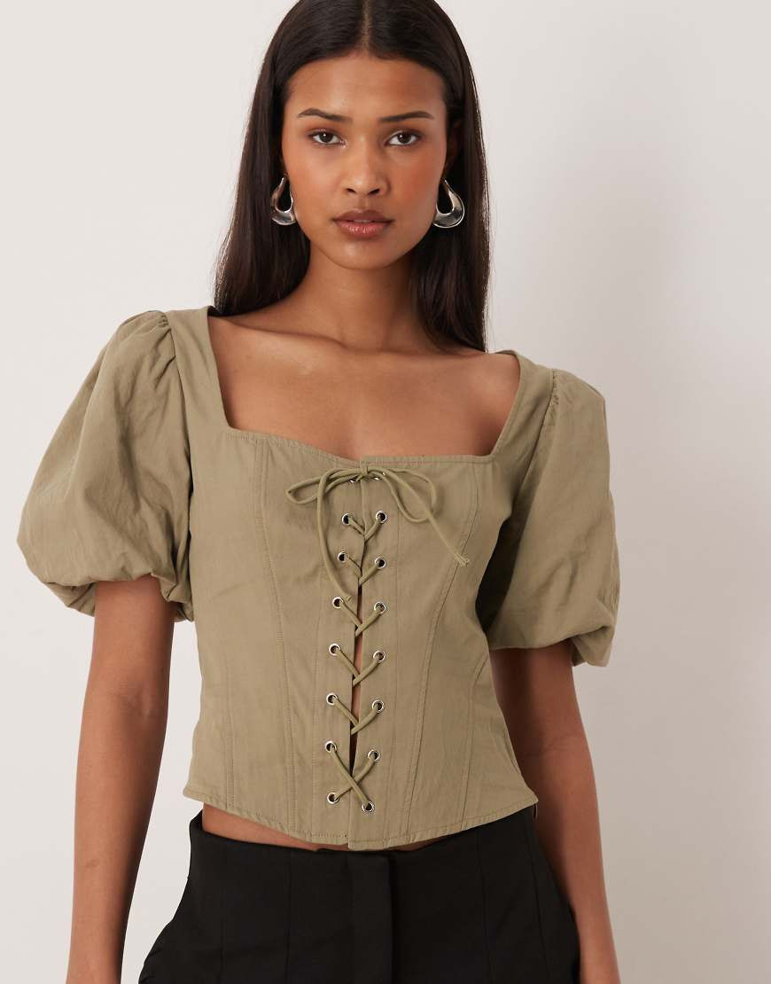 Gina Tricot pure cotton milkmaid corset top in olive green | ASOS (Global)