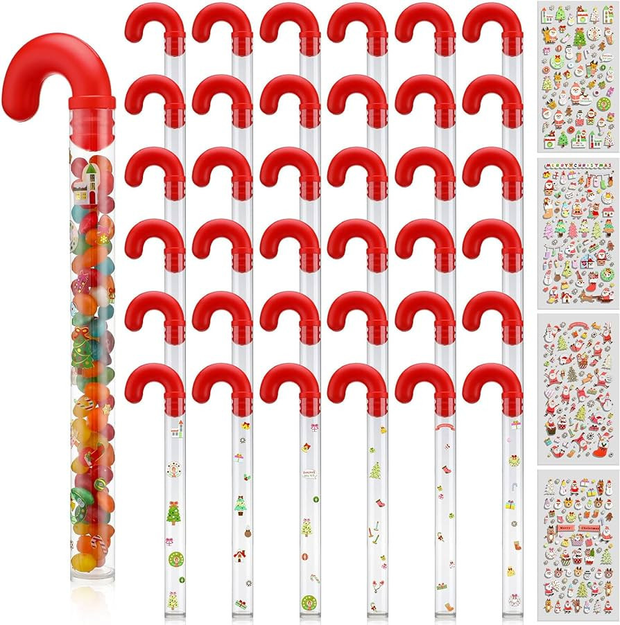 Rtteri 36 Pcs Candy Cane Shaped Containers Empty Clear Plastic Candy Cane Tubes with Red Topper, ... | Amazon (US)