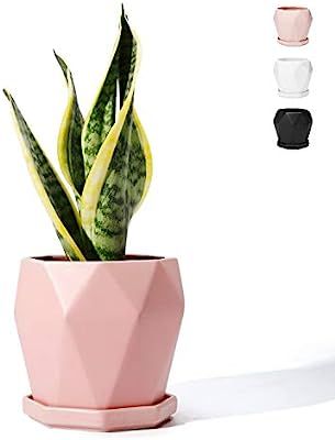 POTEY 050903 Ceramic Plant Pot Pink - 4.9 Inch Diamond Geometric Planter for Indoor Plants Flower... | Amazon (US)