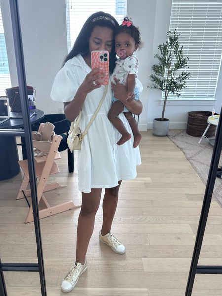 Mommy & mini me day out 🤍 Wearing a small in my dress.

White dress, gold sneakers, dress & sneakers outfit, casual weekend outfit, Saturday outfit, baby girl bloomers, baby outfit 

#LTKunder50