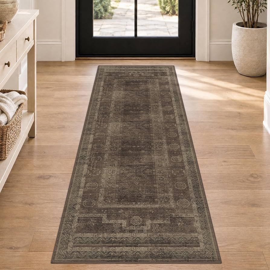 2x6 Brown Hallway Runner Rug, Washable Entryway Rug, Vintage Distressed Geometric Design, Non-Sli... | Amazon (US)