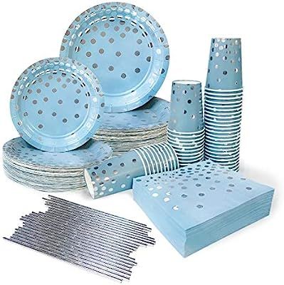 Ottin Blue and Silver Party Supplies 50 Guests Paper Plates and Napkins Set Dessert/ Dinner Plate... | Amazon (US)