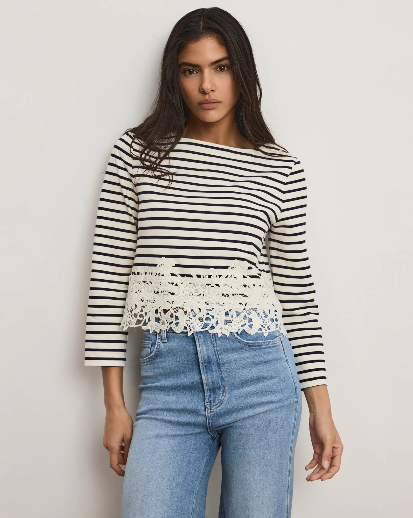 Veronica Beard Hovey Striped Lace T-Shirt Dove White Navy Stripe | Veronica Beard