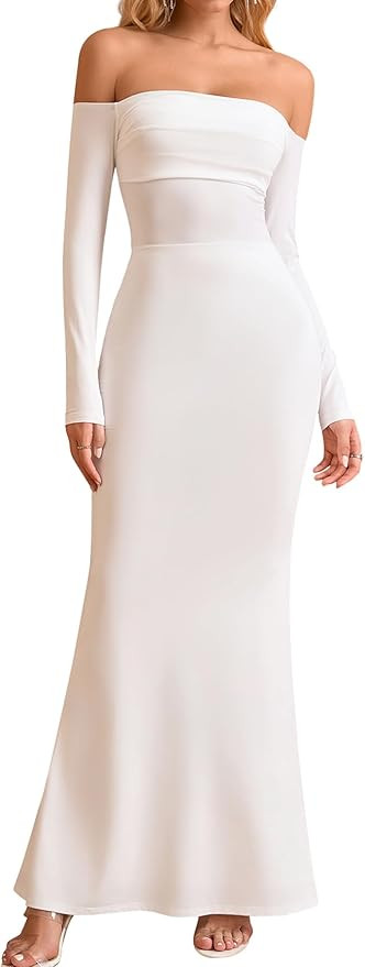 KUTUMAI Off Shoulder Tie Formal Wedding Guest Dresses for Women Fall Long Sleeve Bodycon Lace Up ... | Amazon (US)