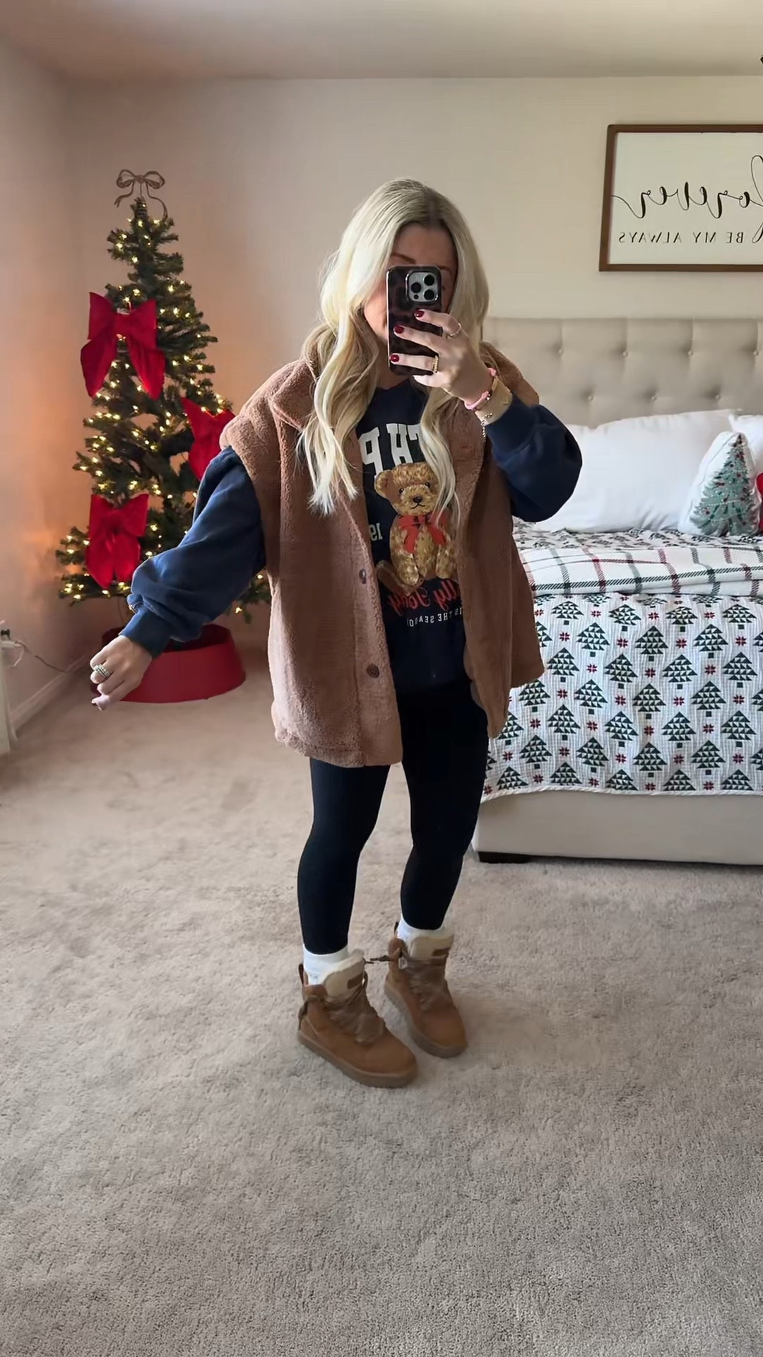 Holiday outfit
Teddy vest small
Sweater xl
Align leggings 
Ugg boots tts

#LTKHoliday #LTKShoeCrush #LTKootd