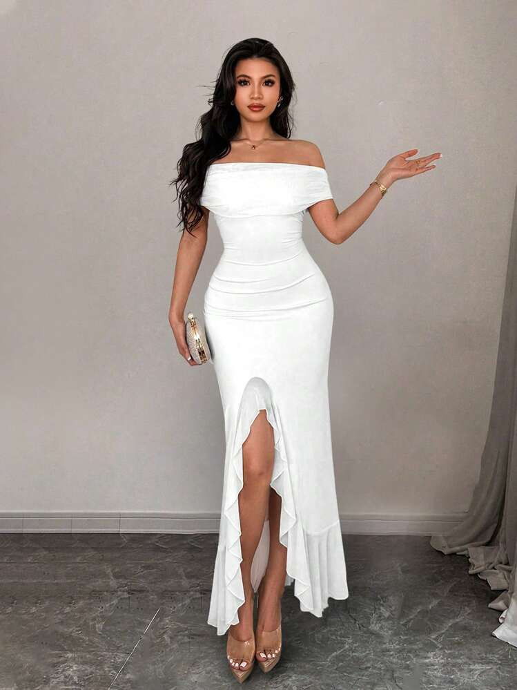 Elenzga Women's Spring/Summer Elegant Off Shoulder Mesh Pleated Ruffle Trim Slit Dress, Suitable For Casual Daily Life, Party, Luxury Ladies Evening Gown | SHEIN