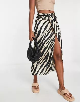Topshop side twist waist animal print satin midi skirt in neutral | ASOS (Global)