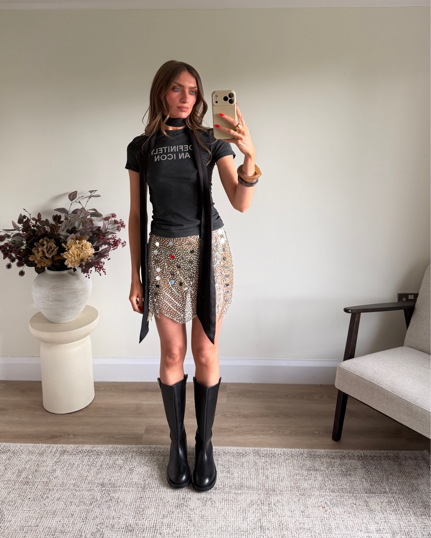 Potential outfit for Harry styles? 
Small in the Zara t-shirt
Small in the beaded skirt
Topshop real leather  boots