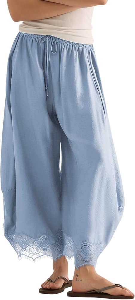 Lviefent Womens Cropped Lace Hem Pants Casual Boho Wide Leg Capri Trousers | Amazon (US)