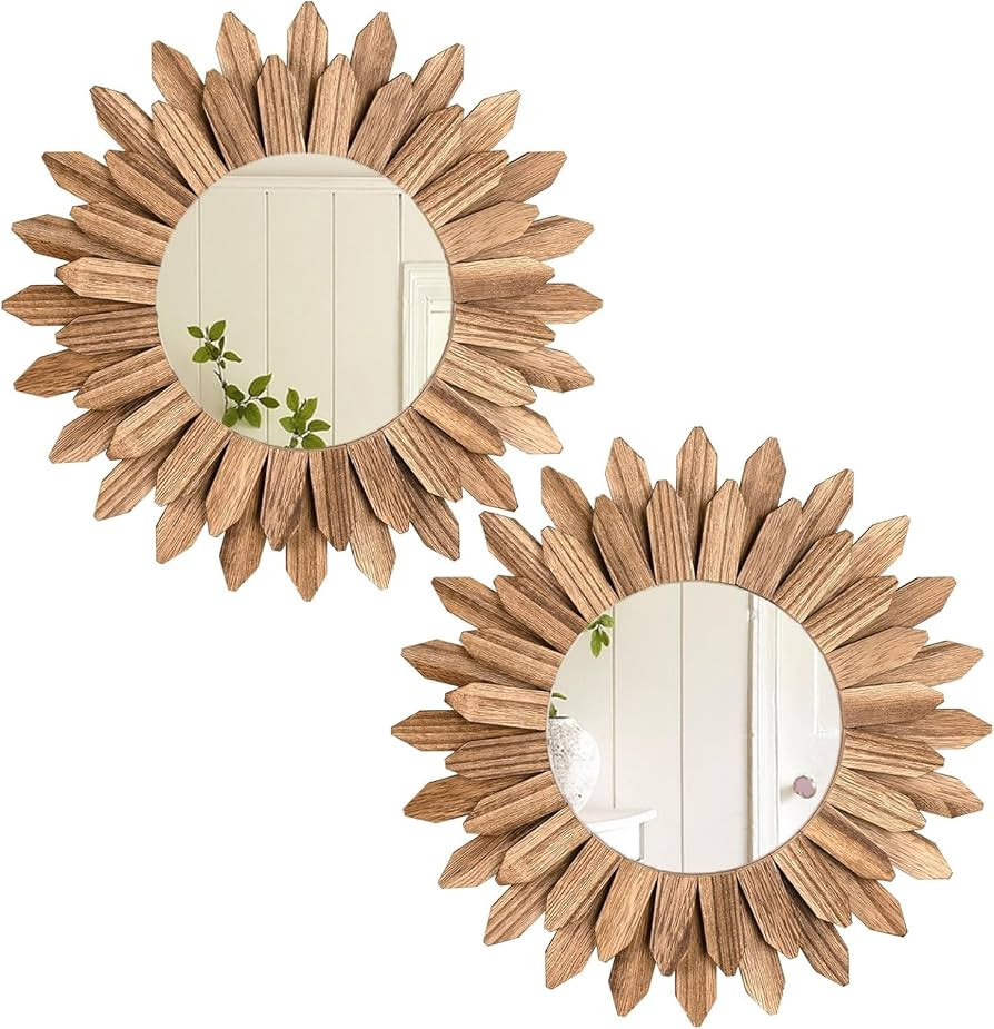 LOSOUR 2 Pack Boho Wall Decor Sunburst Mirror 12 inch Rustic Round Wood Mirror Boho Mirror Home W... | Amazon (US)