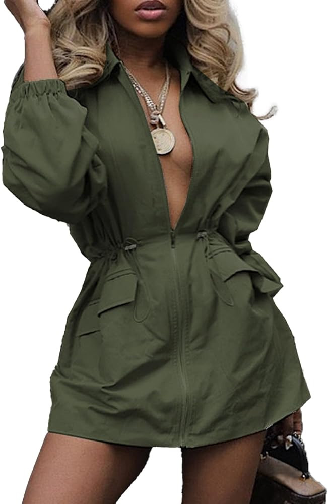 Unybwonn Women Long Sleeve Fall Casual Mini Dresses V Neck Zipper Cargo Safari Short Dress Drawst... | Amazon (US)