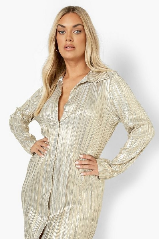 Plus Plisse Metallic Shirt Midaxi Dress | Boohoo.com (US & CA)