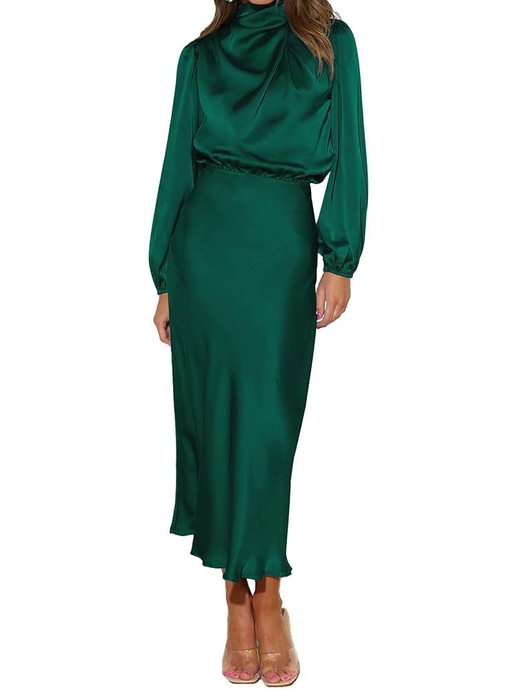 Famulily Maxi Cocktail Dresses for Women with Long Sleeves Satin Wedding Guest Dress for Evening ... | Amazon (CA)