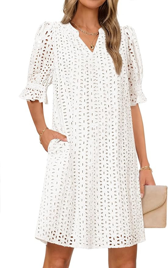 MEROKEETY Women's 2026 Summer Short Sleeve Mini Dress V Neck Ruffle Hollow Out Eyelet Lace Dresse... | Amazon (US)