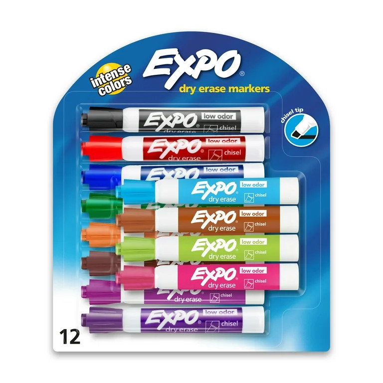 EXPO Low Odor Dry Erase Markers, Chisel Tip, Assorted Colors, 12 Count - Walmart.com | Walmart (US)