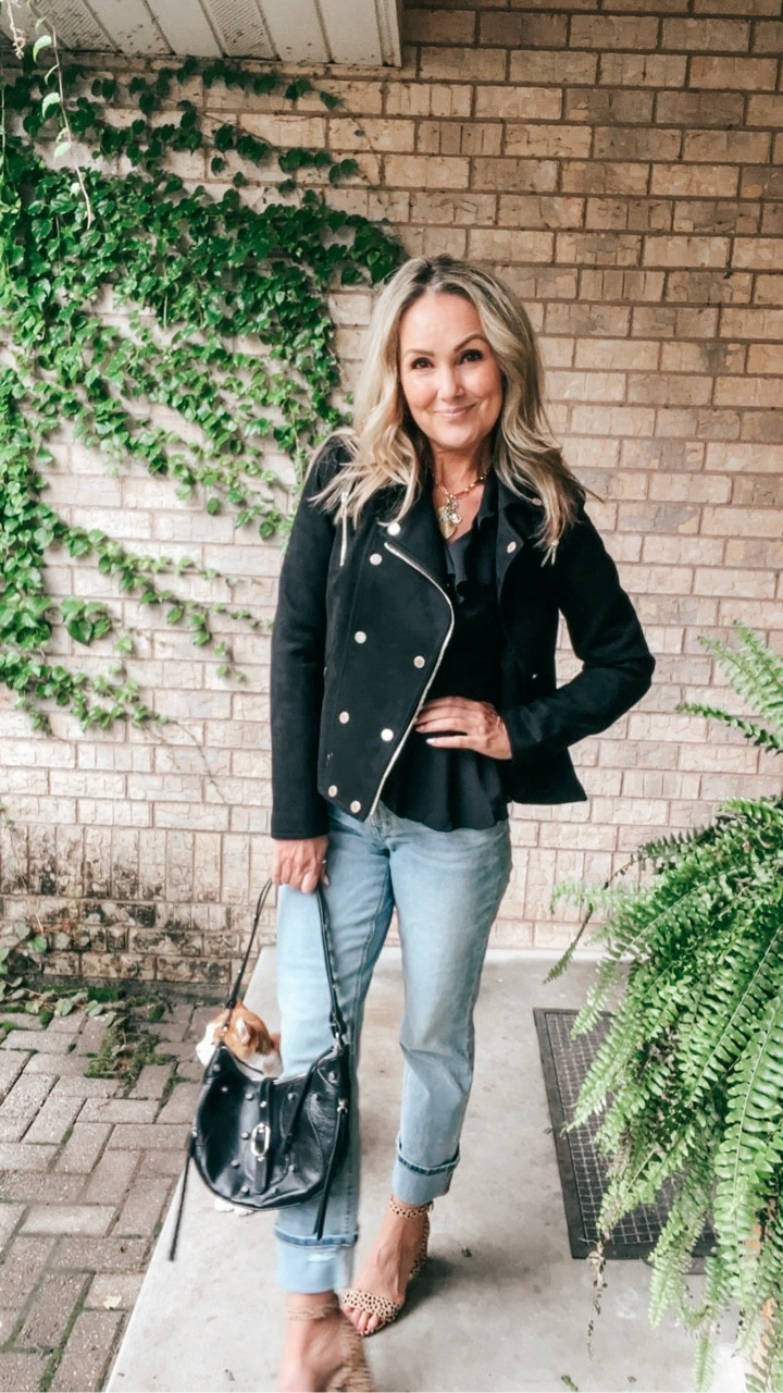 The perfect outfit to make you feel. GREAT! 

Black peplum top wearing size small
Light wash denim jeans wearing size 8, could wear a 6. 
Suede jacket 
Leopard print heels 

#FallFashion #OutfitIdeas #WomenOver50 #NeutralOutfits

#LTKFindsUnder50 #LTKStyleTip #LTKOver40