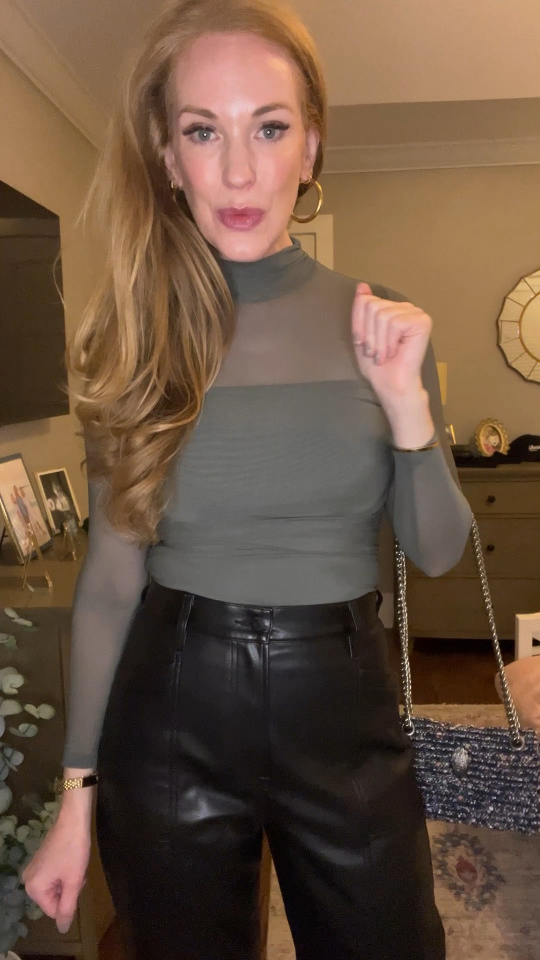 Fall date night outfit!! 
This turtleneck bodysuit from Amazon is soooo good! Pretty mesh detail and it holds you in like shape wear. Also; I’m loving these wide leg leather Pistola pants. 🖤

#LTKStyleTip #LTKSeasonal #LTKVideo
