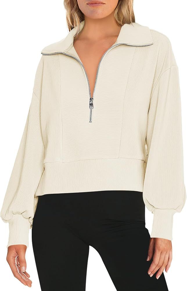 MEROKEETY Women's 2023 Long Sleeve Half Zip Cropped Sweatshirt Lapel Casual Ribbed Pullover Tops | Amazon (US)