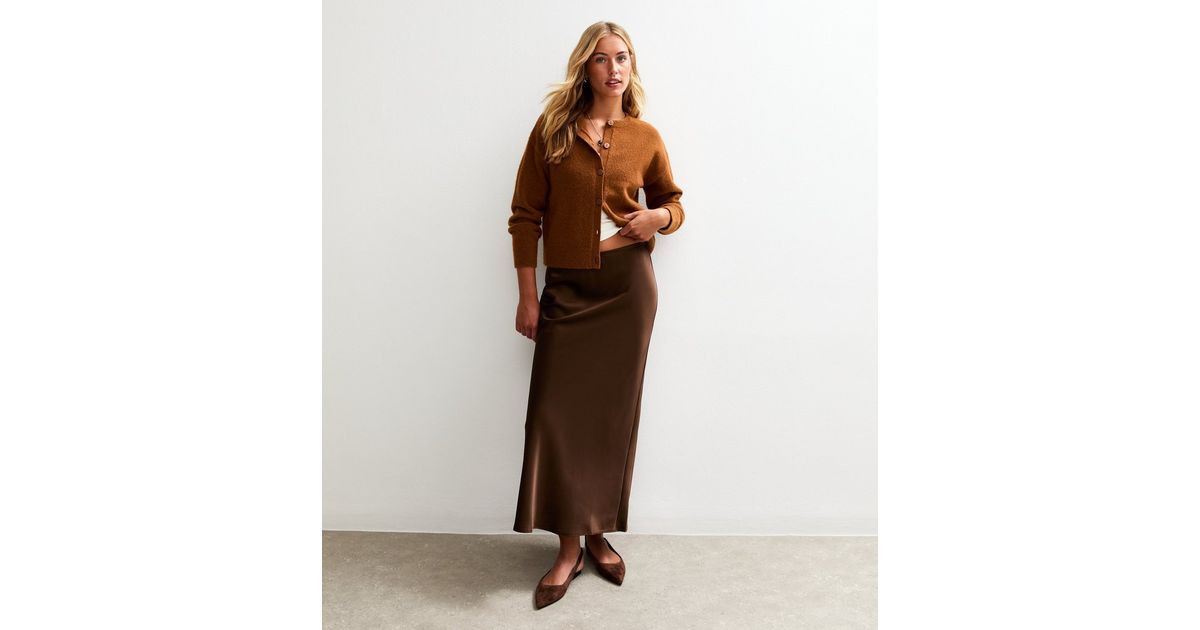Tall Brown Bias Cut Satin Midi Skirt | New Look | New Look (UK)
