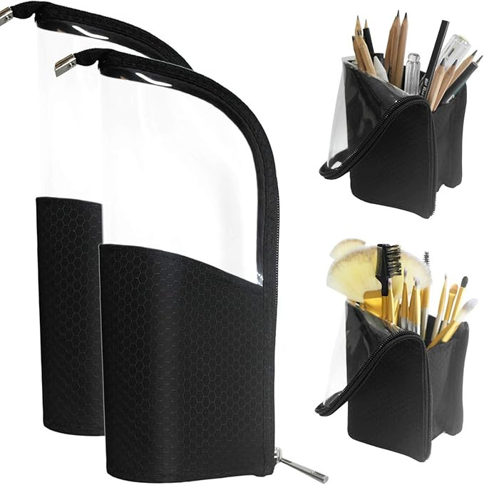 Black Travel Makeup Brush Holder 2-Pack, Organizer Bag Clear Plastic Cosmetic Zipper Pouch Portab... | Amazon (US)