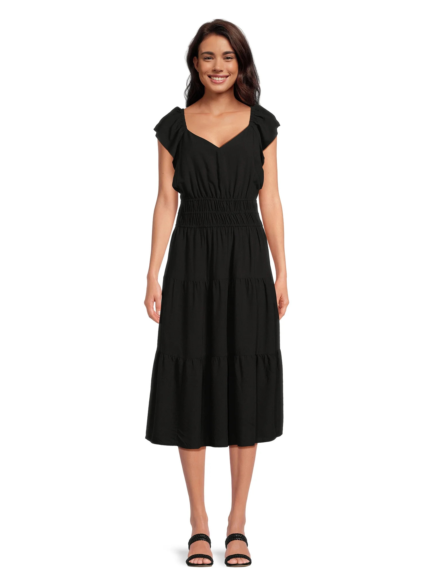 Time and Tru Women's Smocked Midi Dress with Flutter Sleeves, Sizes XS-XXXL | Walmart (US)