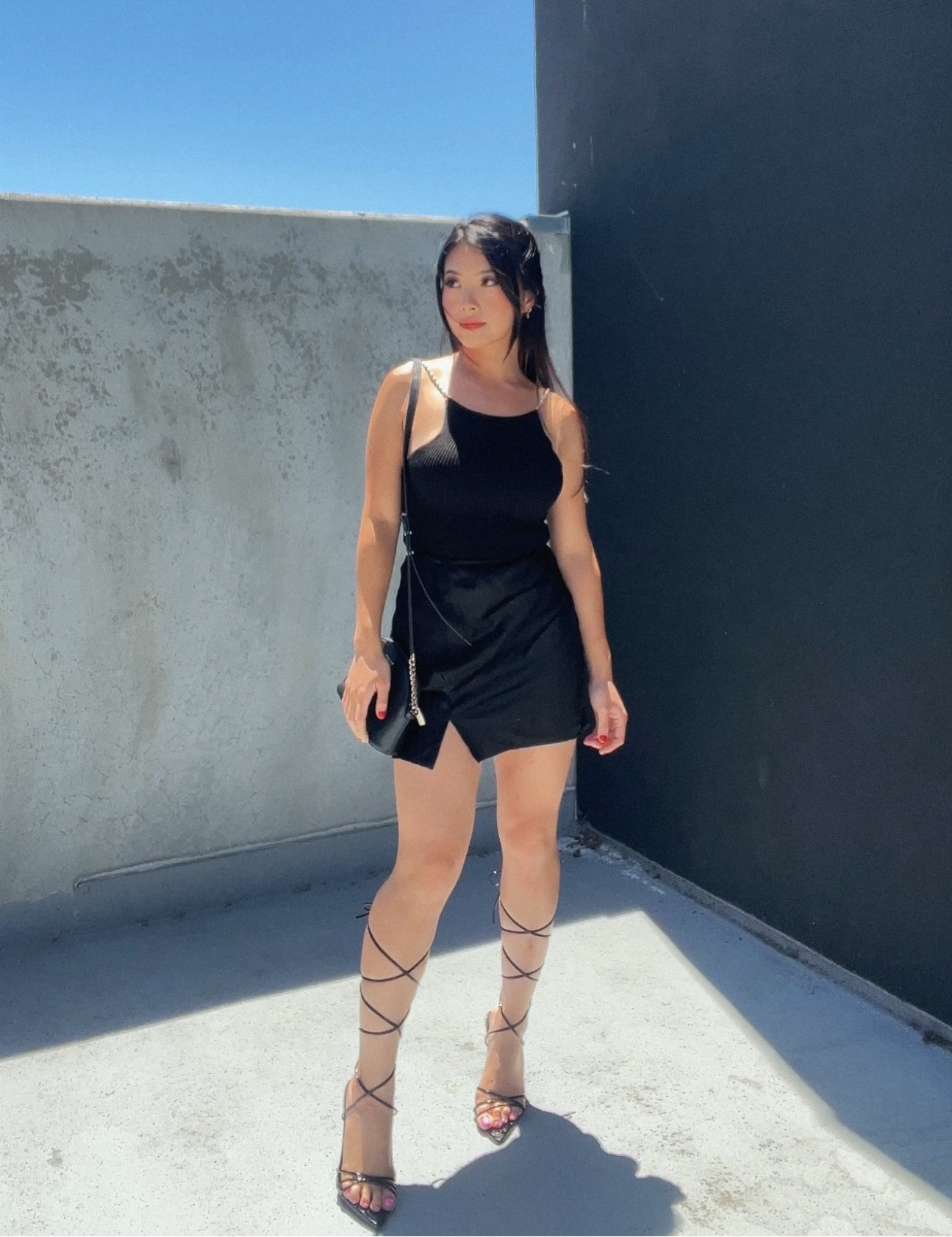 Little black mini skirt outfit, Rihoas official knit halter top beaded straps, black satin mini skirt, black lace up stiletto heels, Kate Spade NY ♠️, date night outfit inspo 

#LTKstyletip #LTKFind #LTKSeasonal