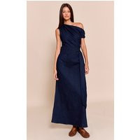 Indigo Blue Chambray Denim Ruched Belted Midaxi Dress, Dark Indigo | PrettyLittleThing UK