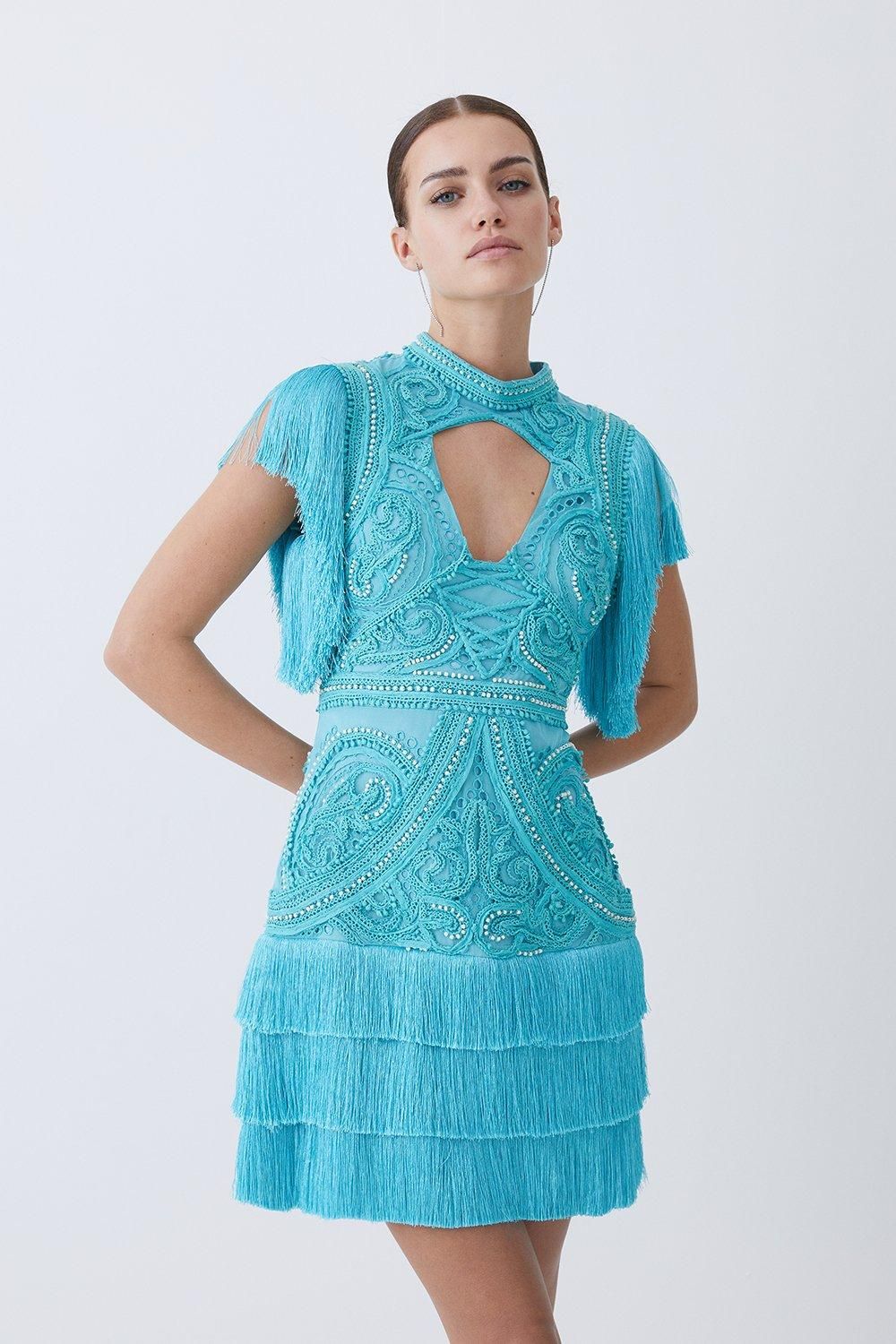 Petite Cornelli Embellished Fringed Woven Dress | Karen Millen US