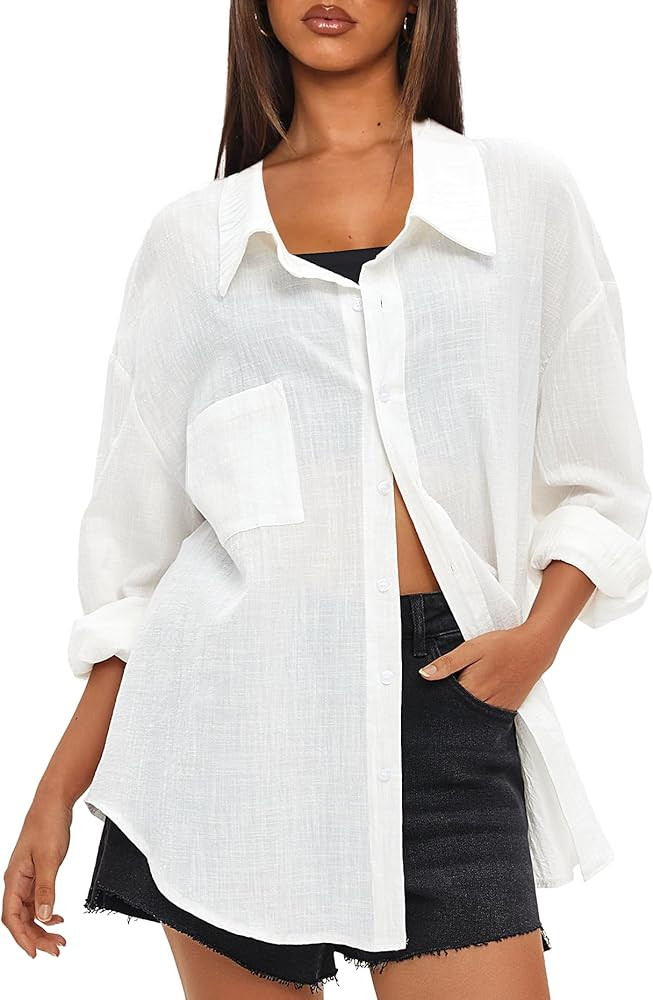 Darong Women's Button Down Long Sleeve Shirts Cotton Blend Casual Oversized Boyfriend Loose Fit B... | Amazon (US)