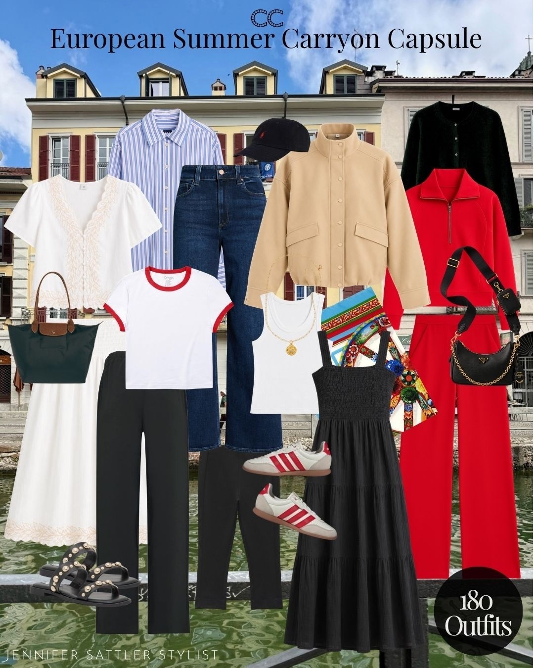 THE EUROPEAN SUMMER CARRY-ON CAPSULE | 11 PIECES OVER 128 OUTFITS

1.    White Skirt & Matching Top
2.    Jeans
3.    Lightweight Jacket
4.    Button-Up
5.    White Ribbed Tank Top
6.    Shorts
7.    Pull-On Pants
8.    Cardigan
9.    Jersey Tee
10.     Dress
11.     Matching Set More samples and options to customize https://closetchoreography.com/the-european-summer-carry-on-capsule-11-pieces-over-128-outfits/